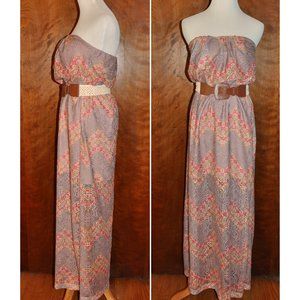 City Triangles Taupe Lace Strapless Blouson Waist Bohemian Style Maxi Sun Dress